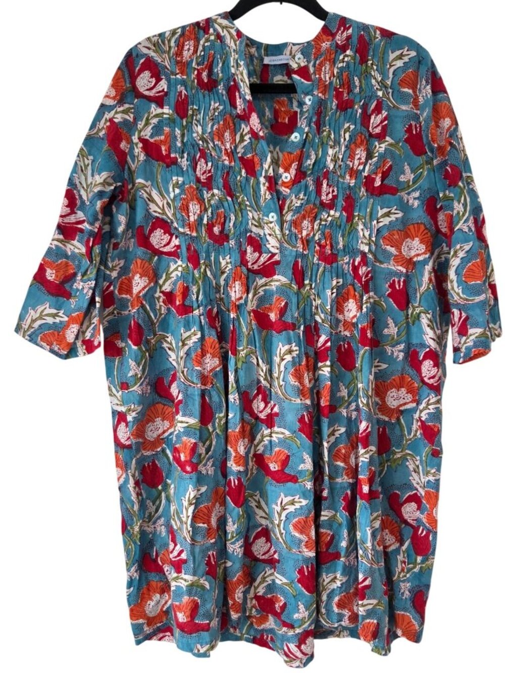 Le Bazar Coastal Teal Blue Floral Summer Dress Boho Festival Women's S